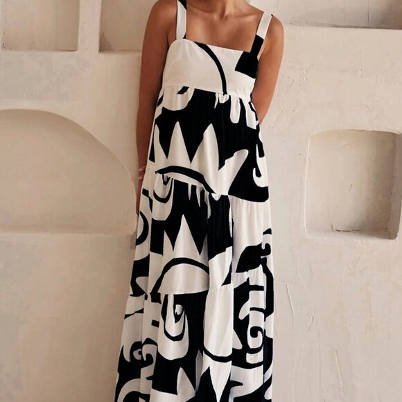 Dresses & Skirts - Black Casual Women's Holiday Random Printed Swing Maxi Cami Dress